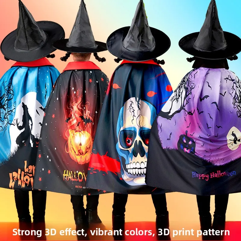 

Детский плащ на Хэллоуин, костюм для выступлений, шляпа с трансграничным принтом, в комплекте, сценическая одежда, традиционная этническая мода