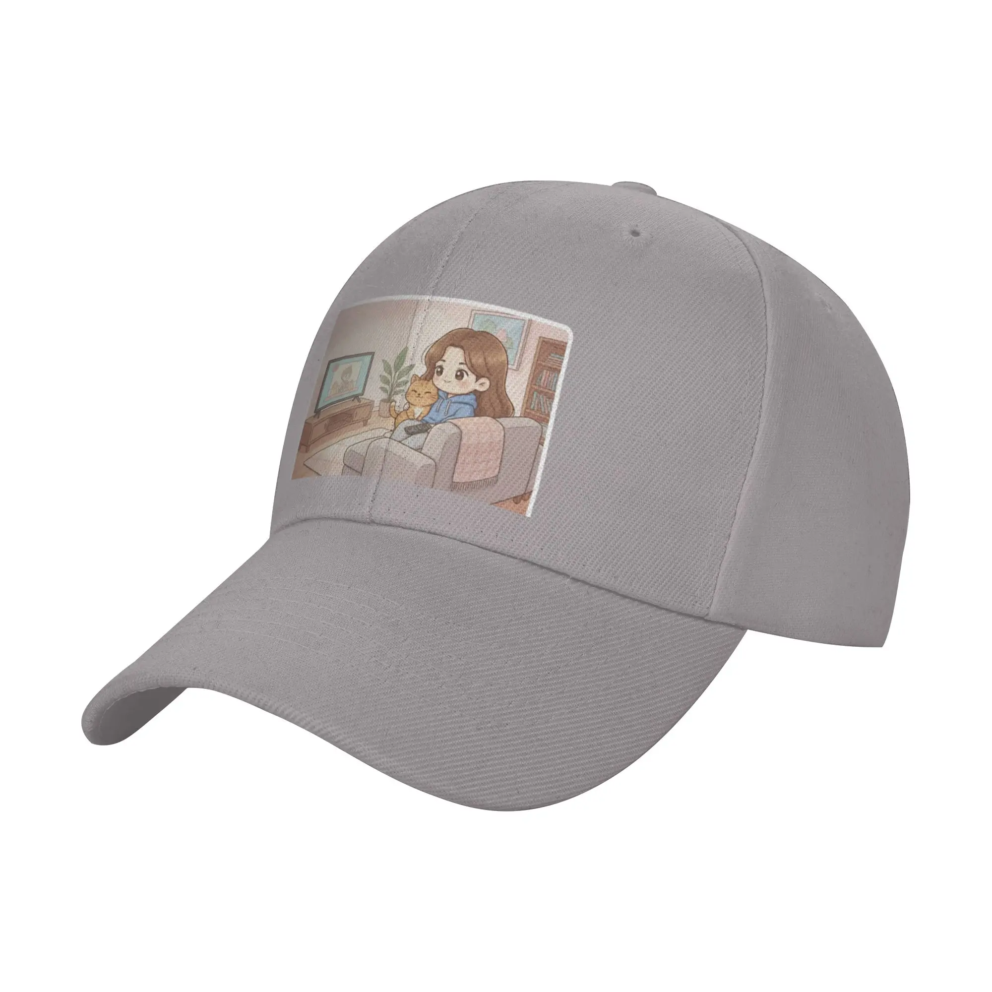 Girl and Orange Cat Watching TV at Home Trendy Baseball Cap Street Fashion Mid Profile Baseball Cap