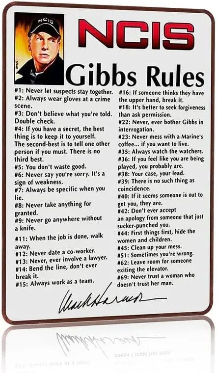 NCIS Gibbs reglas Leroy Jethro Gibbs firma divertida 69 reglas cartel de Metal de estaño para hombre cueva tienda Bar Pub decoración de pared