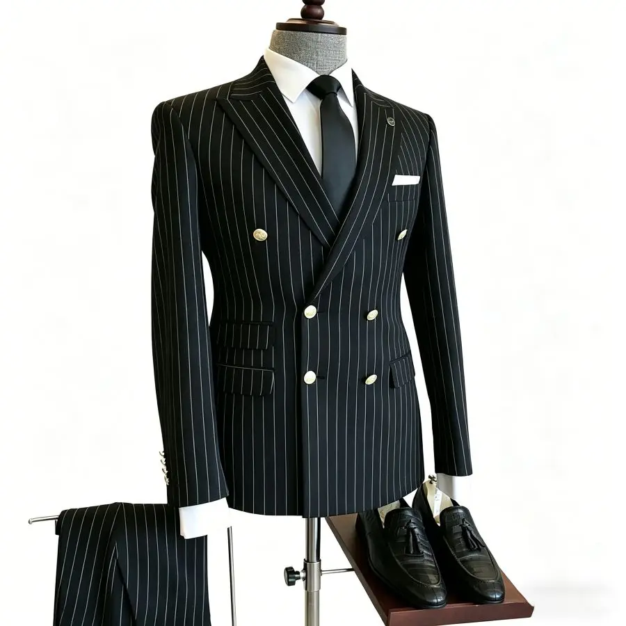 Men's Double Breasted Stripe Suits 2 Pieces Slim Fit Wedding Tuxedo for Groom Business Formal Prom Blazer with Pants Set