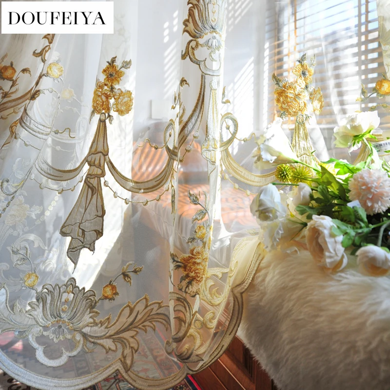 

Custom Size Simple European French Embroidery Flocking High-end Light Luxury White Tulle Curtains for Living Room Bedroom