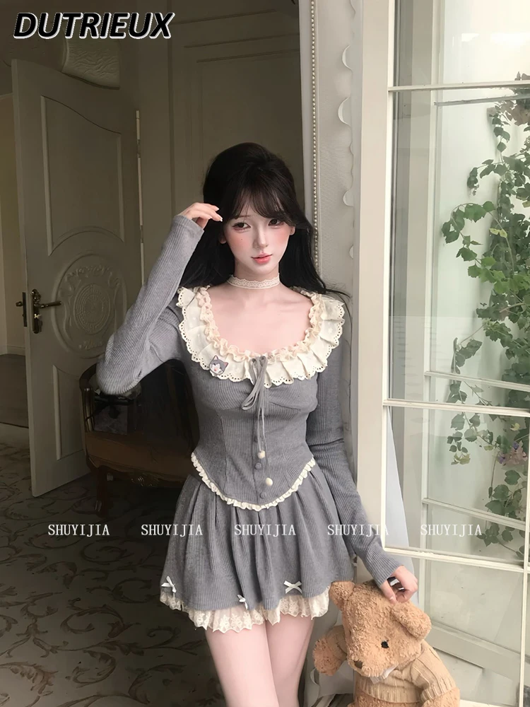

Spring and Summer New Pure Desire Square Neck Lace Long-sleeved Knitted Top Female Spice Girl High Waist Short Skirt Set