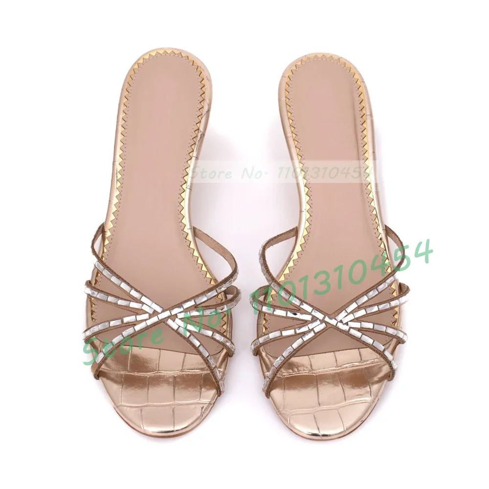 Crystal Cross Strap Med Heel Slippers Women Concise Bling Crocodile Metallic Opene Toe Slippers Ladies Summer Shallow Shoes