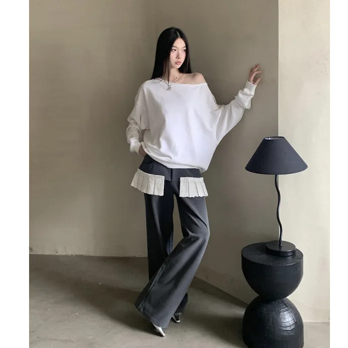 

Women's Two-piece Pants Set Off-shoulder Slash-neck White Long-sleeve Sweatshirt Tops Faux Two-piece Gray Paneled Floor-length