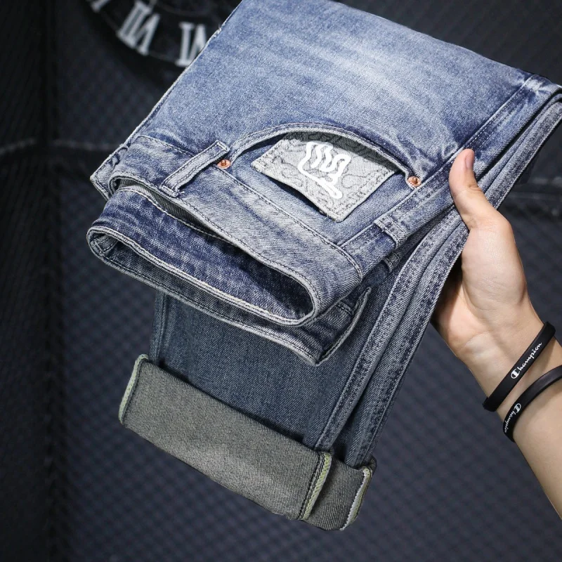 2024 NEW Personality Geometry Printed Jeans Men's Blue Trendy Korean Men's Stretch Soft Slim Straight Cropped Pants