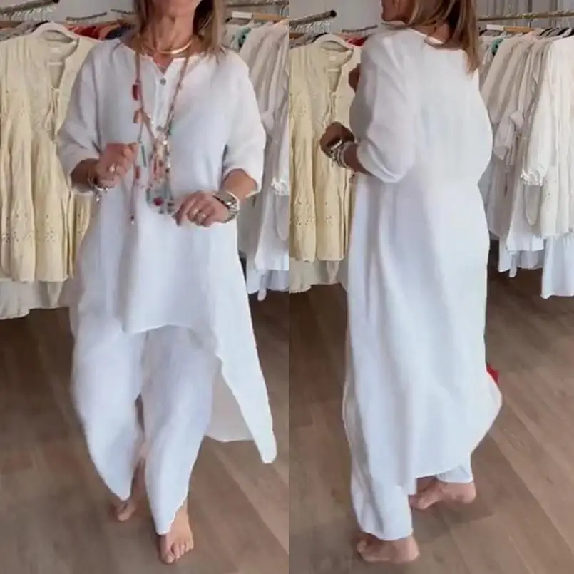 

Loose Long Summer Women's Clothing Set with Elastic Waist Wide Leg Pants Casual Cotton Linen Overhead Shirt Three Piece Set