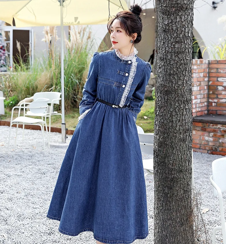 Large size spring and autumn Quality women\'s fresh sweet elegant style elegant lace stitching denim dress long dresses for women