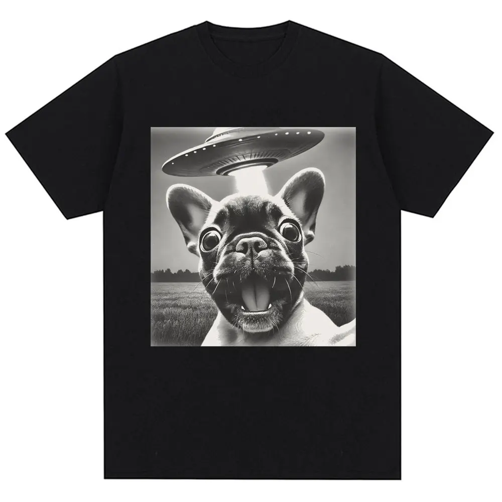 French Bulldog UFO Funny Meme Graphic T-shirt Vintage Fashion Women Short Sleeve Oversized Summer TShirts Streetwear Personality