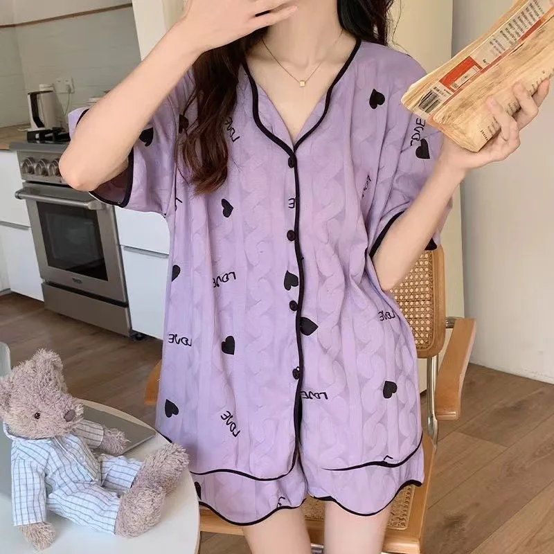 2024 Cartoon Short-Sleeved Short Pants Thin Section Cartoon Girls Plus Home Service Suit Spring And Autumn Purple Off White