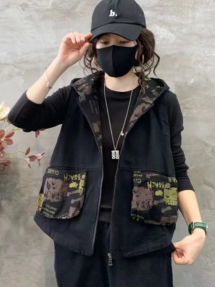 

Джинсовый жилет с капюшоном Color-Block 2025, женский укороченный оверсайз в стиле бохо Chicer