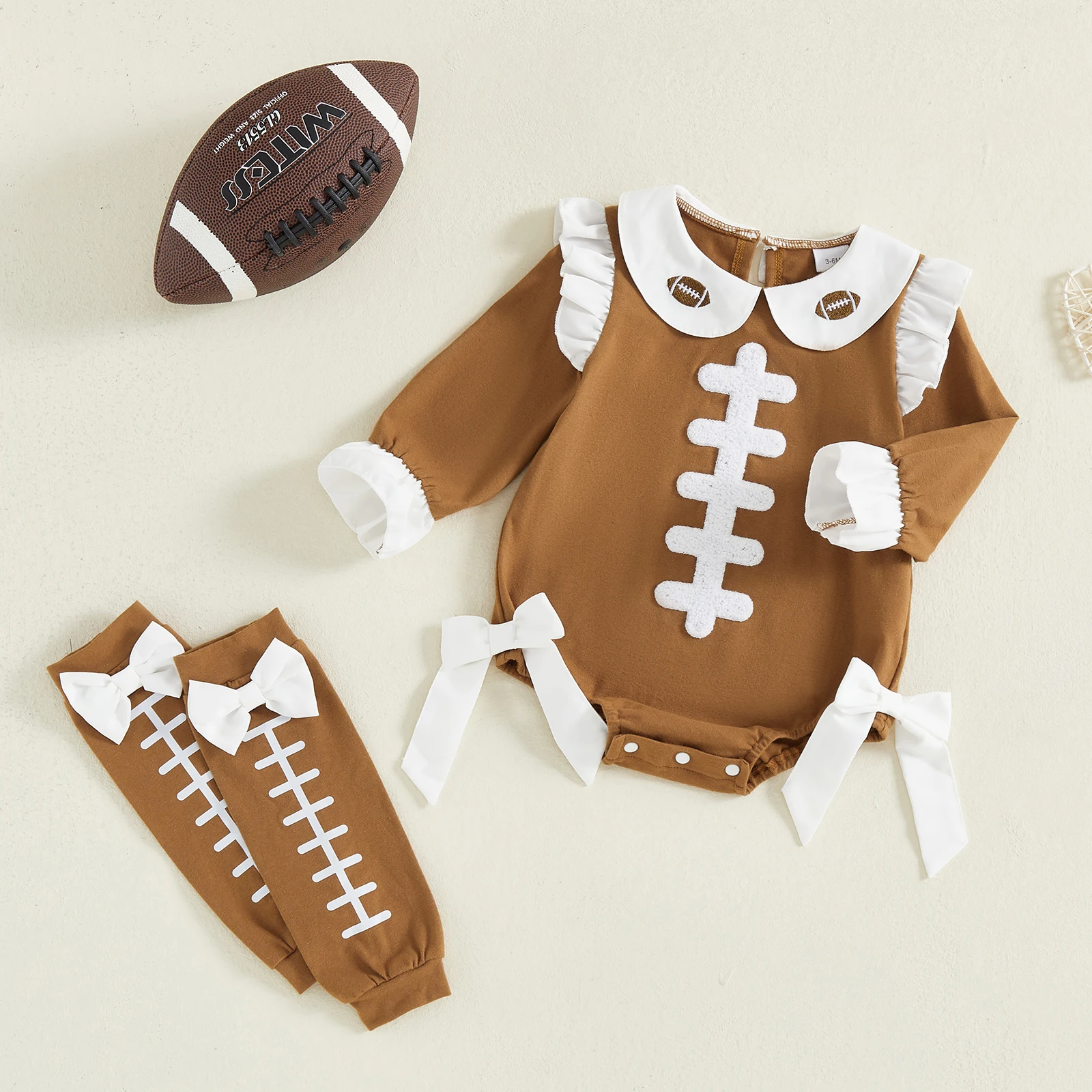 

Tregren 0-18M Newborn Infant Baby Girl Football Outfit Rugby Bow Long Sleeve Doll Collar Romper and Leg Warmers 2 Piece Set