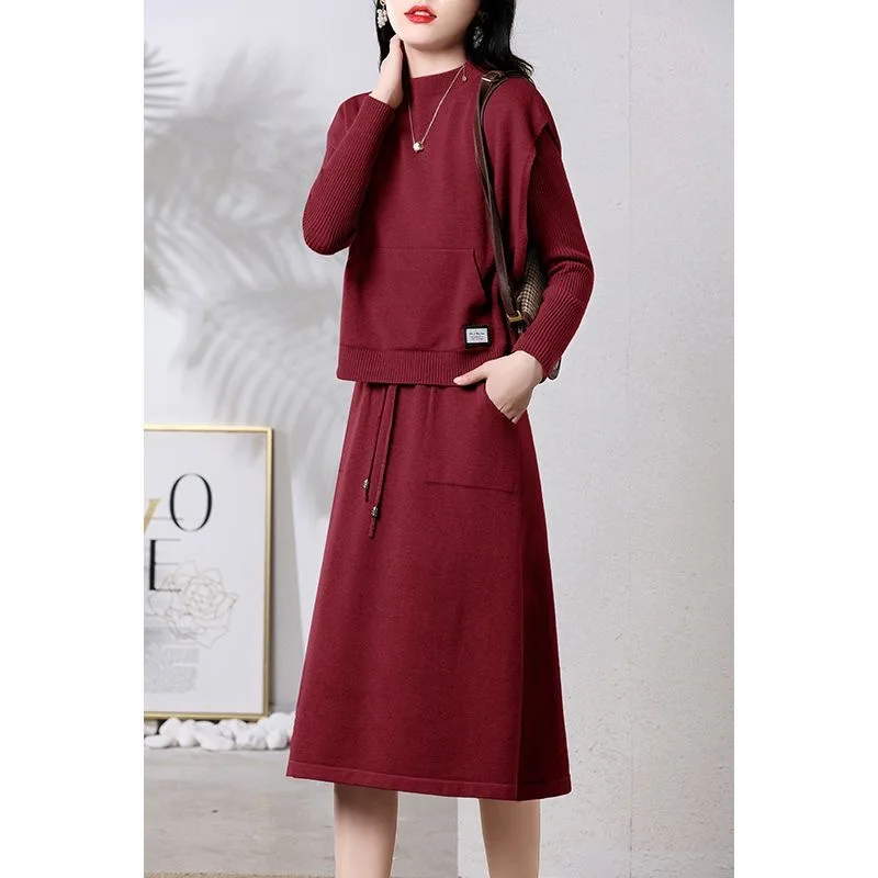 Women\'s Clothing Solid Casual Two Piece Set Knitted Dress Autumn Winter Slim O-neck Thick Warm Drawstring Commute Dress