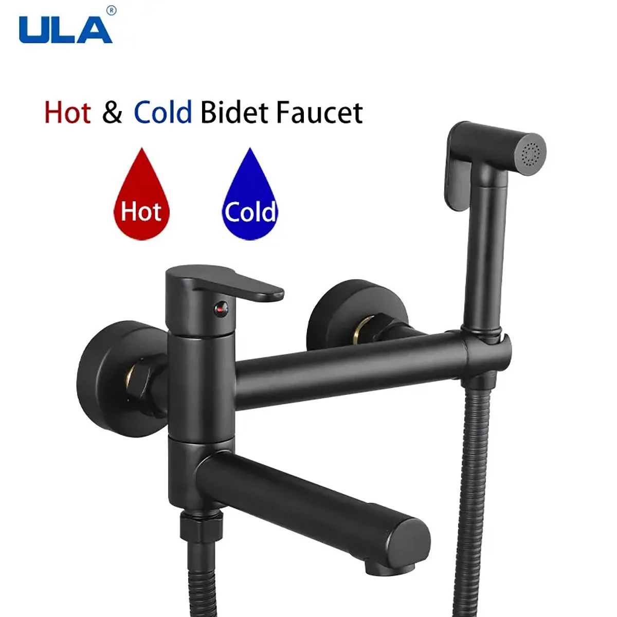ULA Zwarte Bidetkraan Draagbare Bidet Sproeier Messing Badkamer Wc Kraan Warm Koud Water Bidet Mixer Badkamer Douchekop