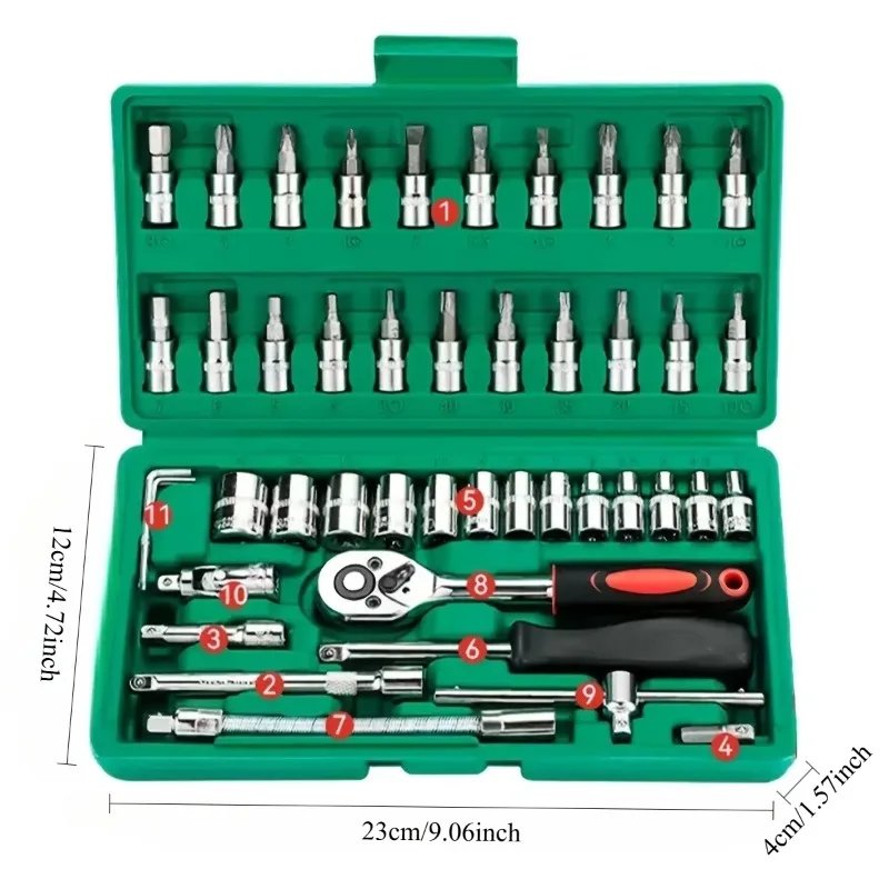 46-teiliger Ratschenschlüssel-Steckschlüsselsatz mit 1/4-Zoll-Antrieb, CR-V-Stahl, Sechskant-Bit-Werkzeugset für Haushalt, Auto-Reparatur und mechanische Wartung – Detail 6