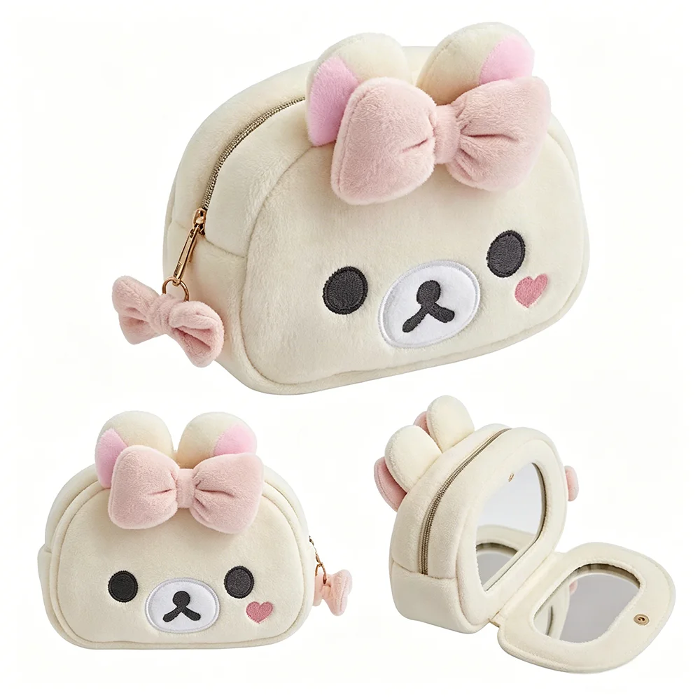 Rilakkumas Bär Kosmetiktasche mit Spiegel, Cartoon Korilakkuma Schleife, Plüsch-Aufbewahrungstasche, Organizer, Kawaii, süße Reise-Kosmetiktasche, Beutel – Detail 6