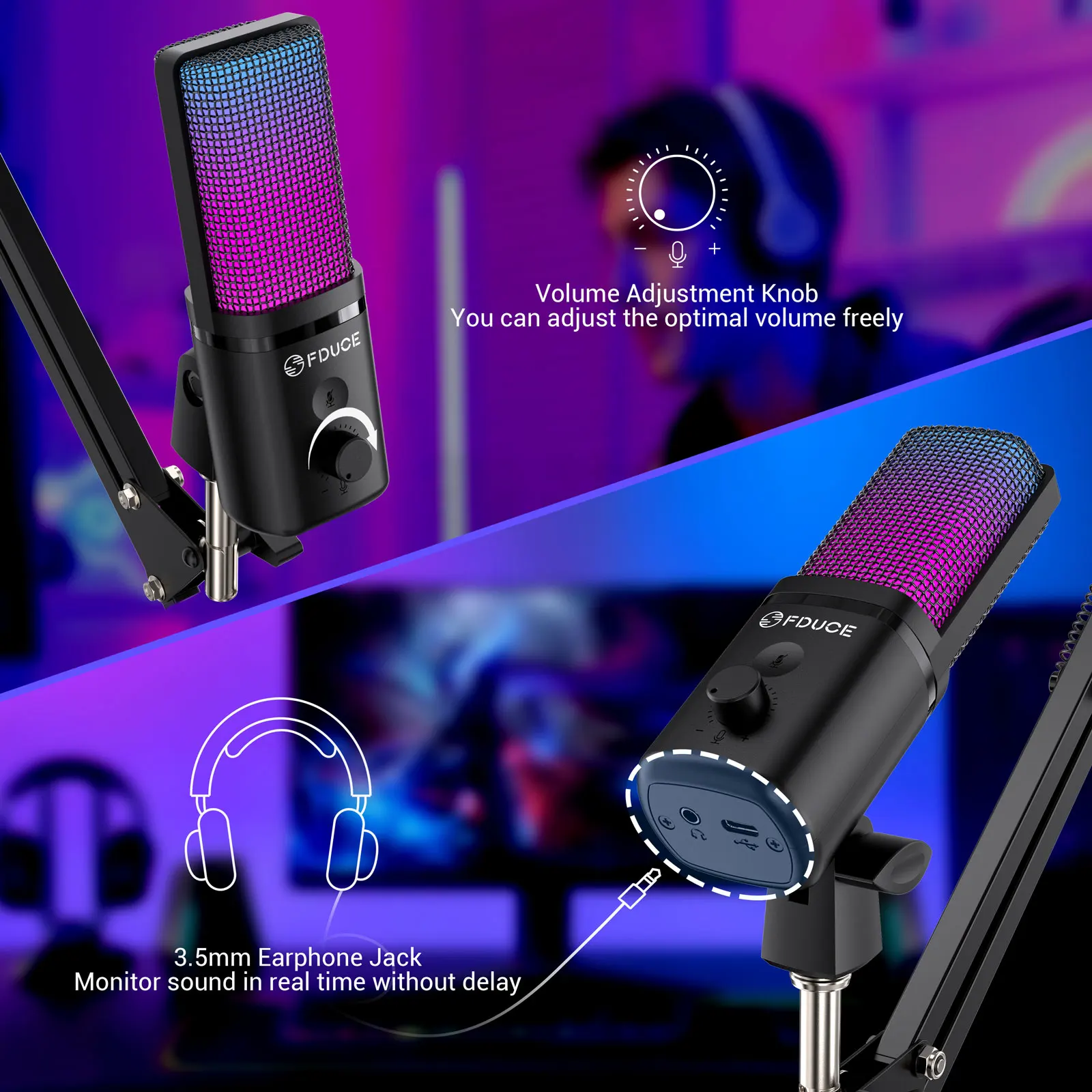 ميكروفون ألعاب USB FDUCE M160-RGB مع لون ديناميكي RGB، زر كتم الصوت الذي يعمل باللمس، حامل ذراع أو حامل ثلاثي القوائم للصدمات، للكمبيوتر الشخصي PS5/4