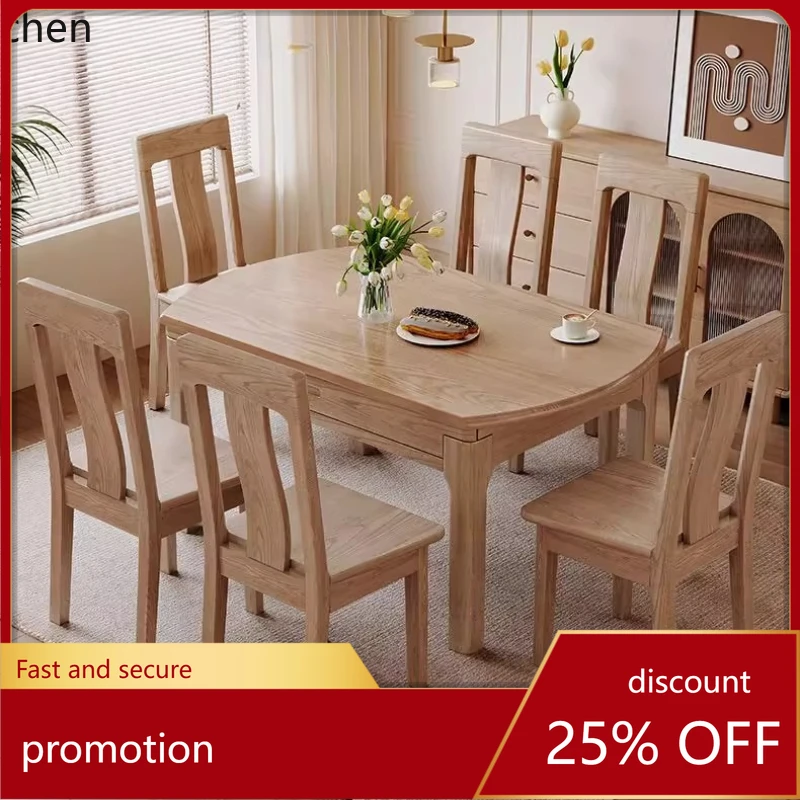 Mesa de comedor y silla de madera maciza de fresno HT, combinación de mesa de comedor para el hogar con plato giratorio