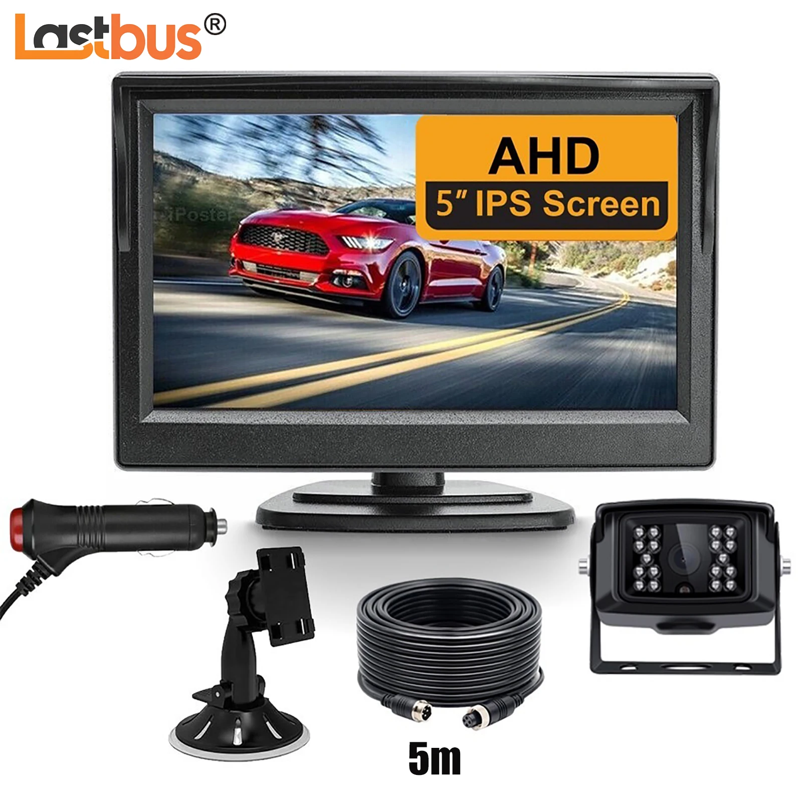 

Lastbus 5" IPS Screen AHD Car Monitor With 1080P 4PIN Reversing Cameras 12V 24V +5m/10m/15m/20m Cable Kit For Rv Caravan