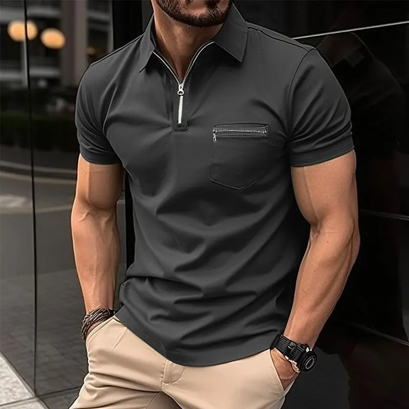 Summer Traveling Men\'s Casual Short-Sleeved Polo Shirt Chest Zipper Pocket T-Shirt Men\'s Breathable Polo Shirt Men\'s Clothing