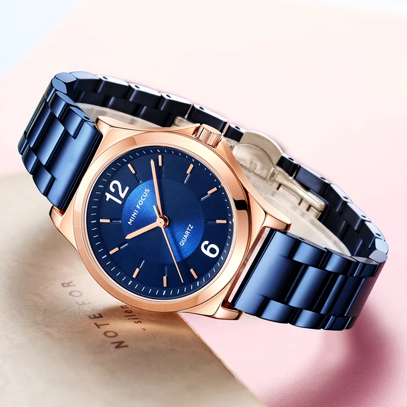 Mini Focus MF0308L Fashion Women Dress Watches Luxury Blue Solid Stainless Steel Waterproof Ladies Quartz Watch