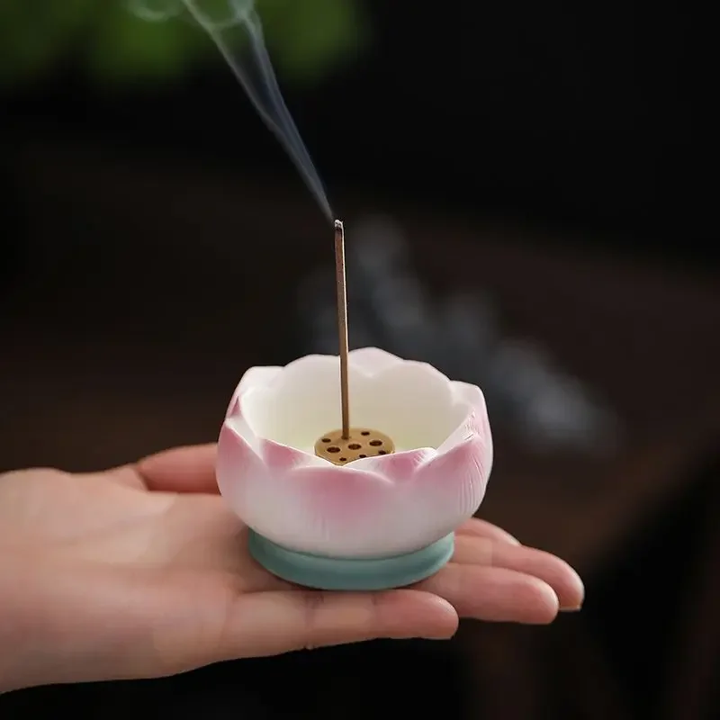 Ceramic Lotus Incense Burner Holder Home Aromatherapy Censer Sandalwood Cone Burner Desk Decor Meditation Room Supply