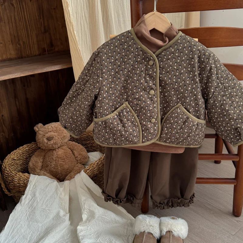 

2025 Winter New Children Cotton Padded Jacket Girls Warm Floral Coat Plus Velvet Thick Kids Quilted Jacket Baby Clothes