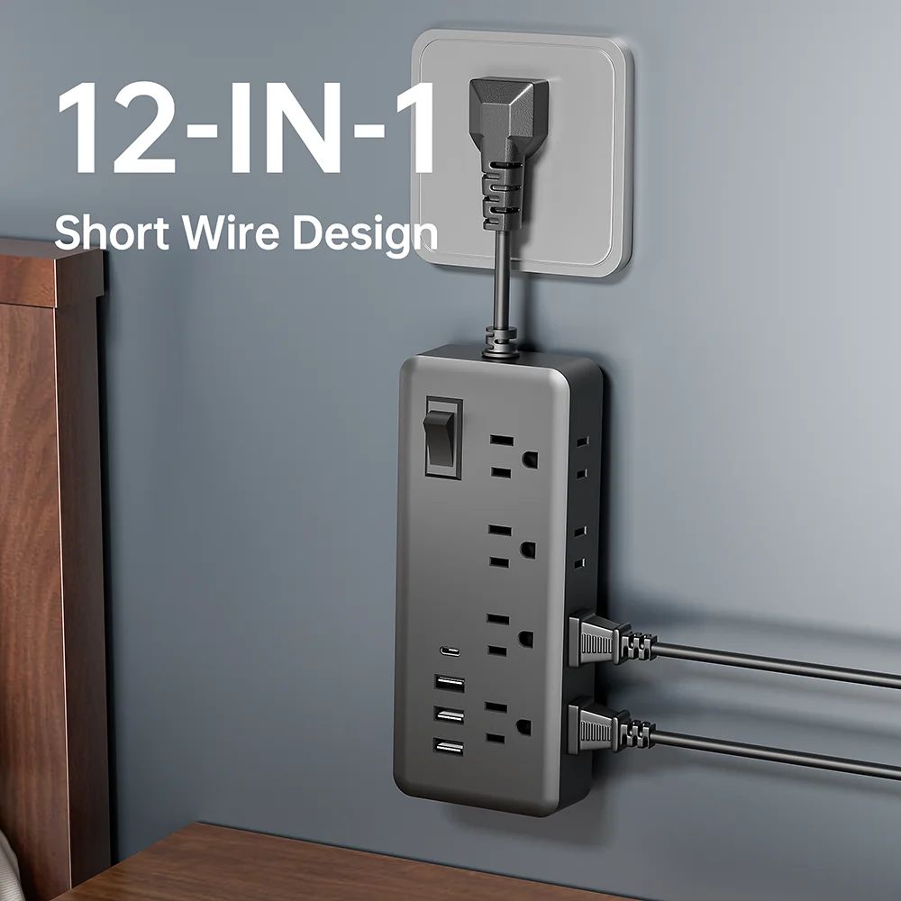 A 12-in-1 Power Strip with 8 Ac Outlets, 3 USB Ports, and 1 Type-C Port, Short Cord Design, Overload Protection, Lightning Protection, Master Switch Design, Standard Us Plug, Suitable for Office, Home, Travel - Available in Black/White