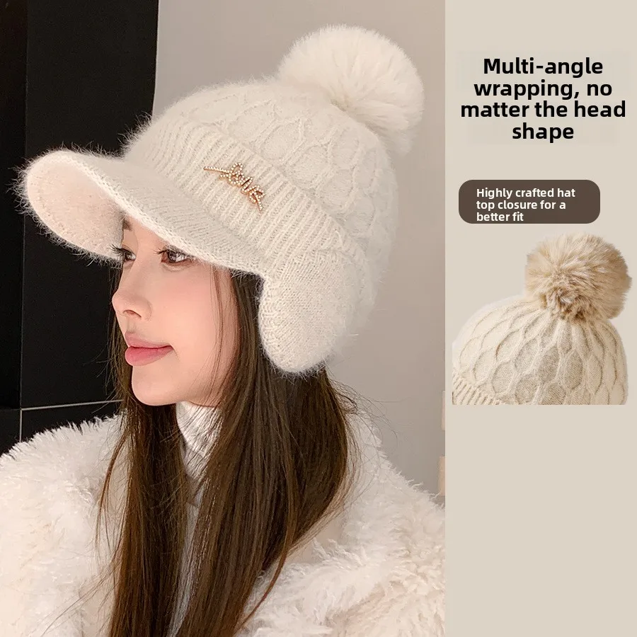 Light Luxury High-end Rhombus Rabbit Hair Baseball Cap Women's New Korean Thickened Ear Protection Face Hairball Knitted Hat