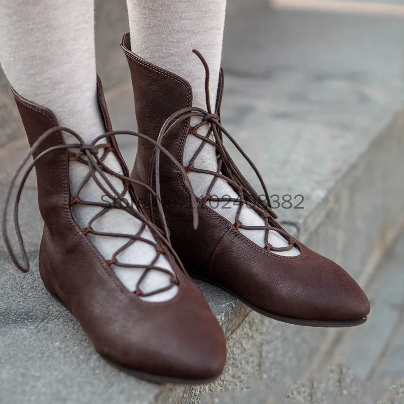 Medieval Retro Gothic Punk Women Lady Princess Elf Bandage Short Boot Carnival Men Pirate Knight Prince PU Leather Cosplay Shoes