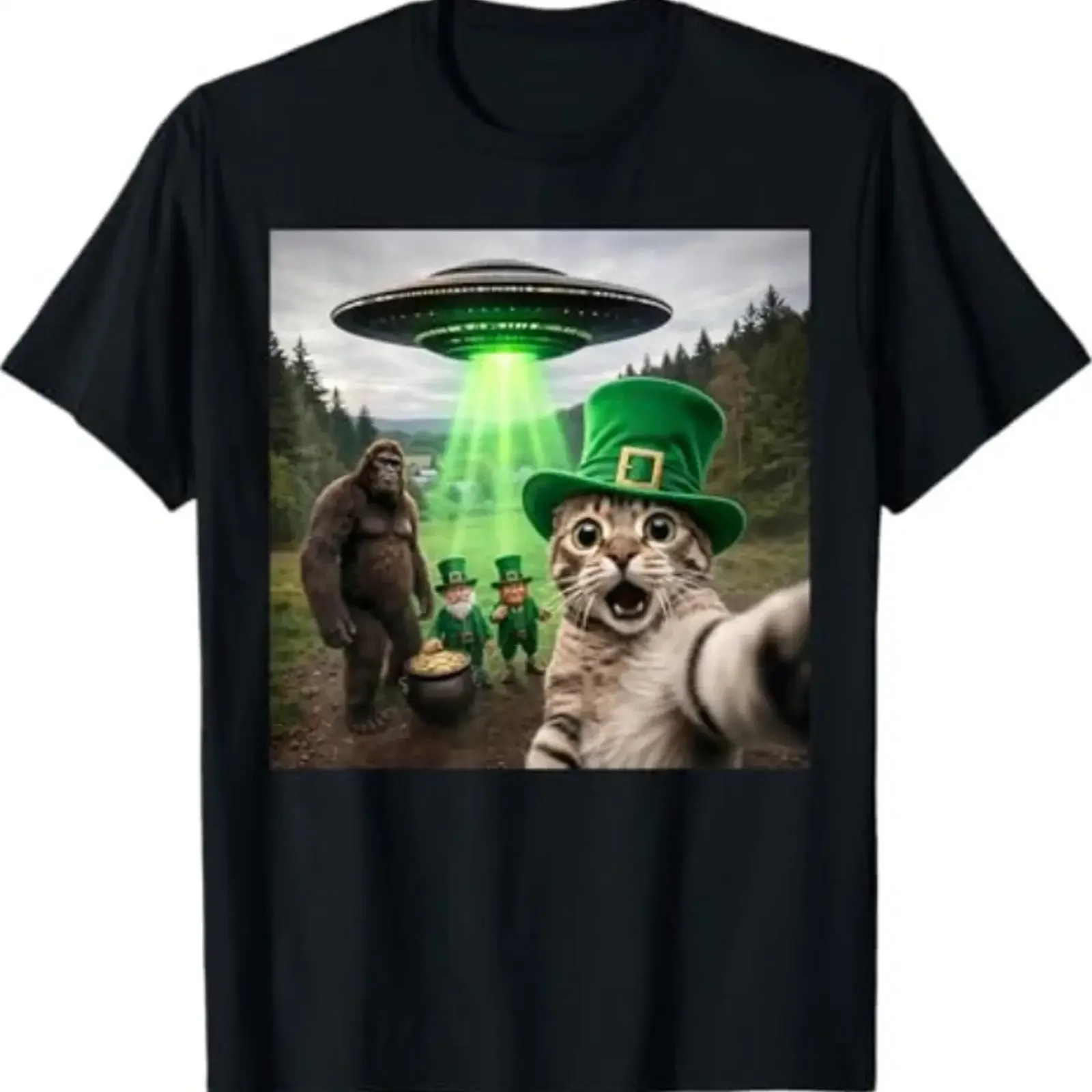 Funny St Patrick's Day cat selfie with leprechaun Bigfoot UFO T shirt vintage Washed homme designer clothes Slightly Stylish