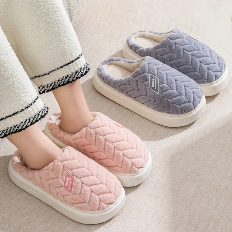 

Women Slippers Autumn Winter Slides Couples Indoor Furry Flats Home Soft Sole Plush Platform Shoes Anti-Slip Men Warm Slipper