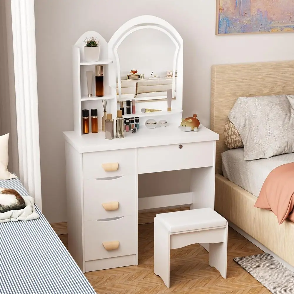 LED-lit Makeup Vanity Desk with Mirror, Drawers, Shelves, Chair, and Power Outlet for Women's Bedroom or Bathroom in Wooden Colo