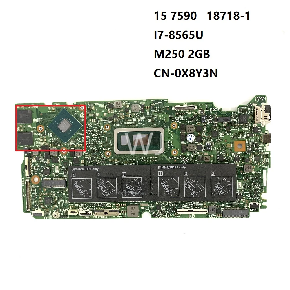 18718-1 For dell 15 7590 Notebook Motherboard CN-0X8Y3N Mainboard withI7-8565U M250 2GB