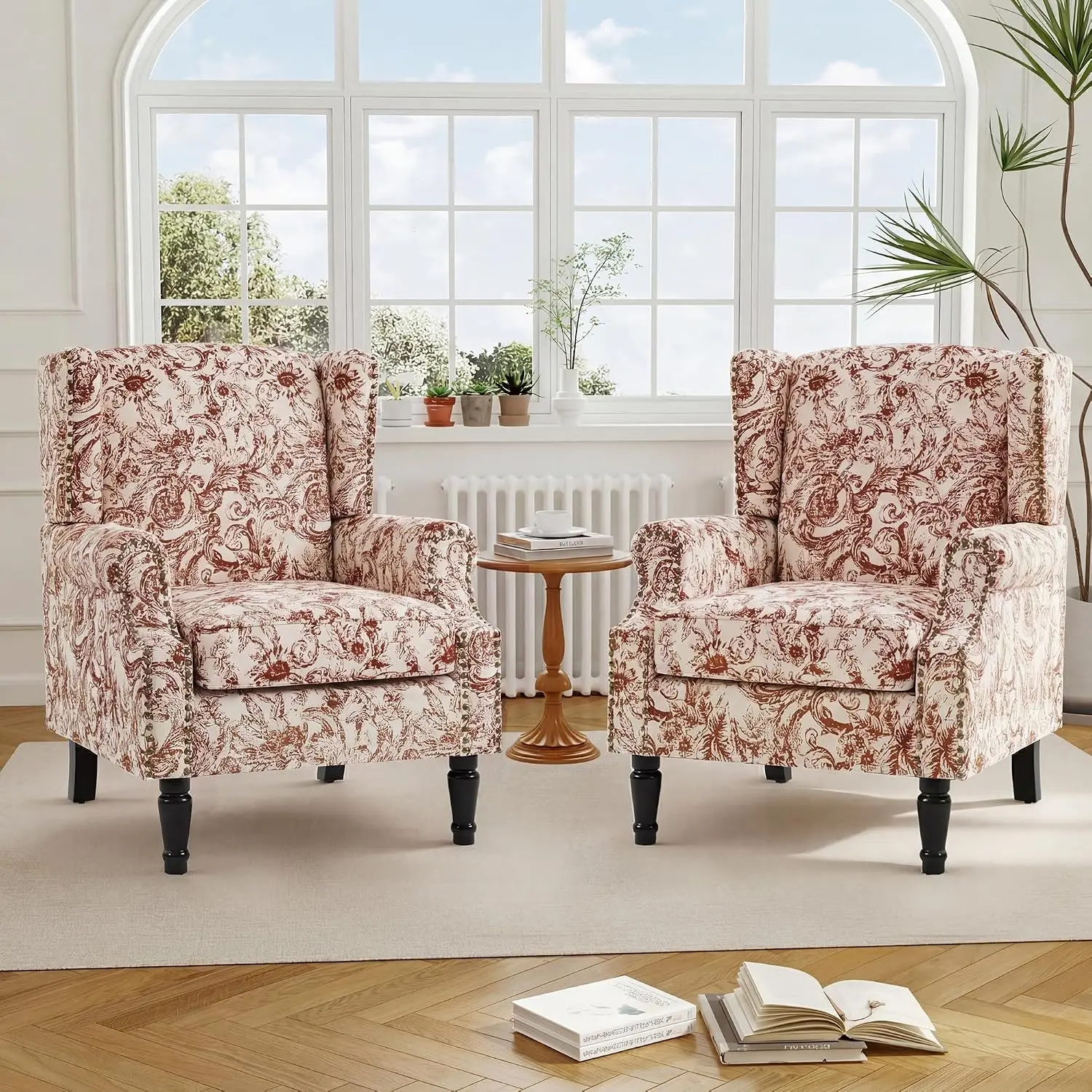 Floral Wingback Chair, High Back Armchair with Wood Legs, For Living Room Bedroom & Small Spaces, Customized