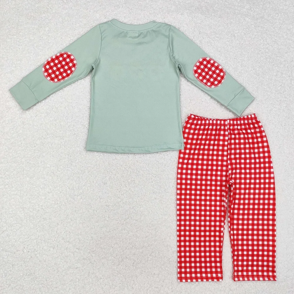 Winter Fashion Baby Boys Santa Claus Green Long Sleeve Top Red and White Plaid Pants Set Wholesale Boutique Children RTS