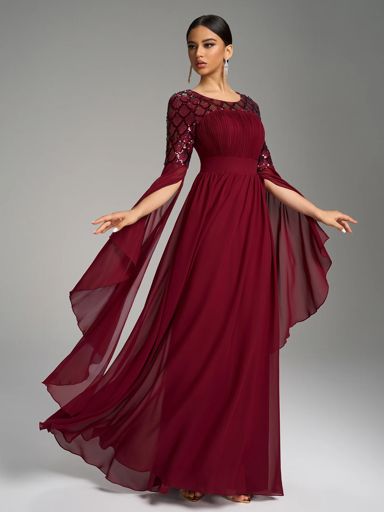 UNITHORSE جولة الرقبة أعلى مطوي جرس الكفة كم طويل الترتر لصق الشيفون الطابق طول مساء اللباس