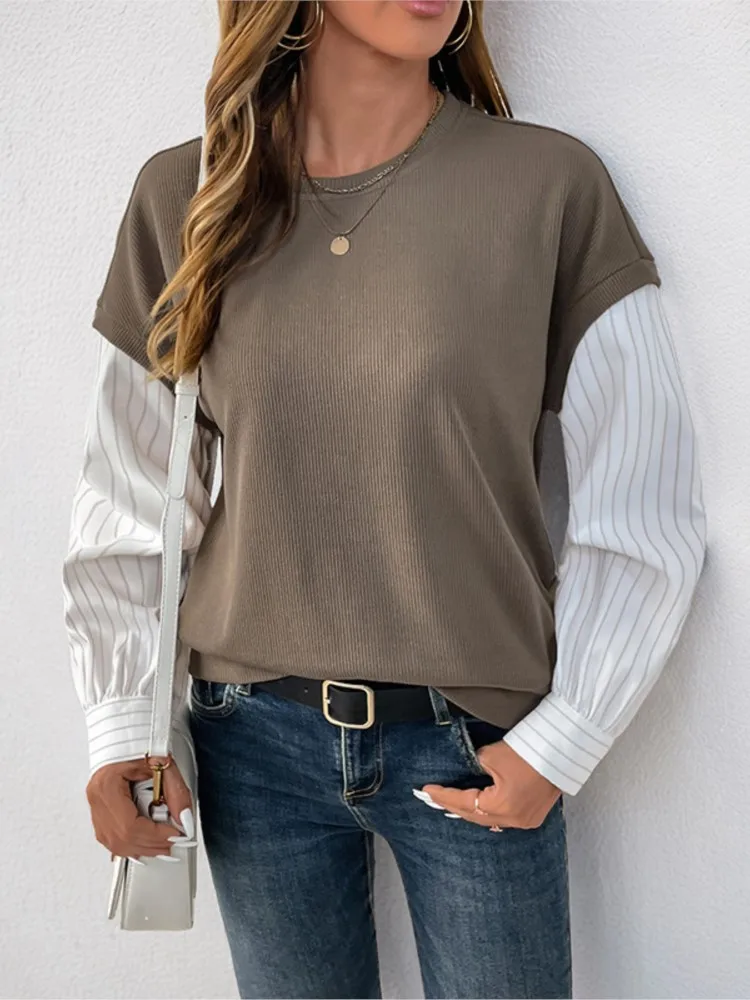 

Women's Clothing Versatile Casual Commuting Long-sleeved Striped Crew Neck Sweatshirt All-match Loose Simple Style Pullover Chic