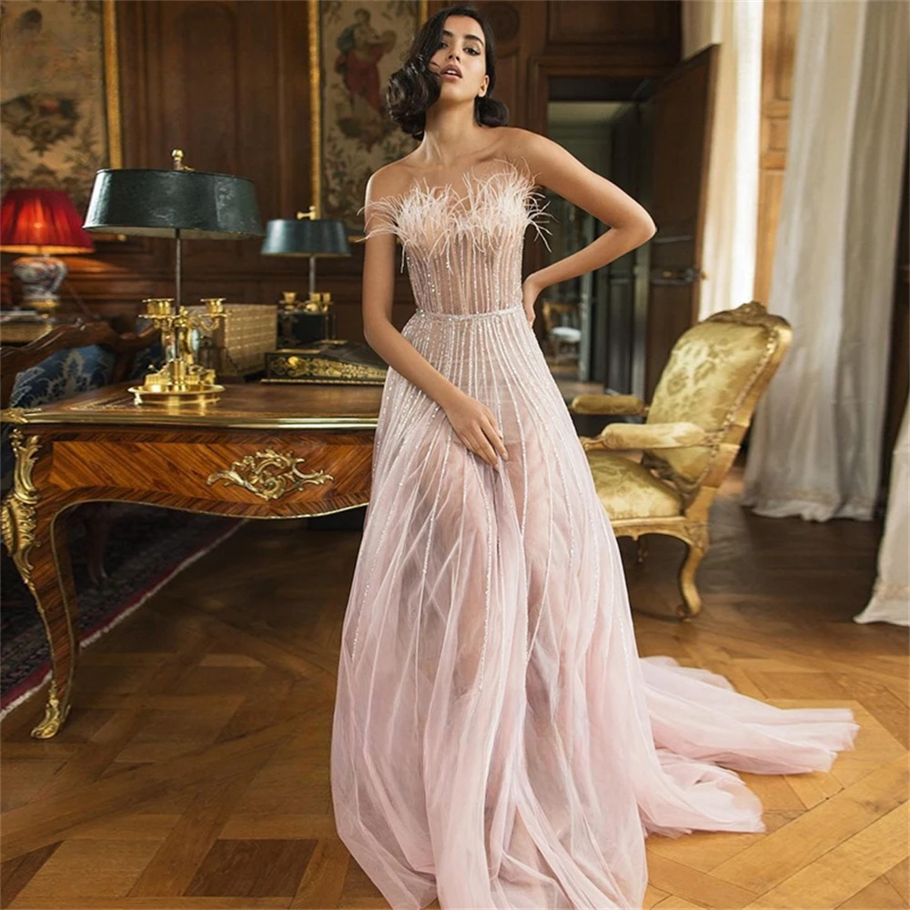 

Charming Strapless Evening Gown 2024 Elegant Beaded Party Dress Romantic Pink Feathered Floor Length Gowns Vestidos De Novia