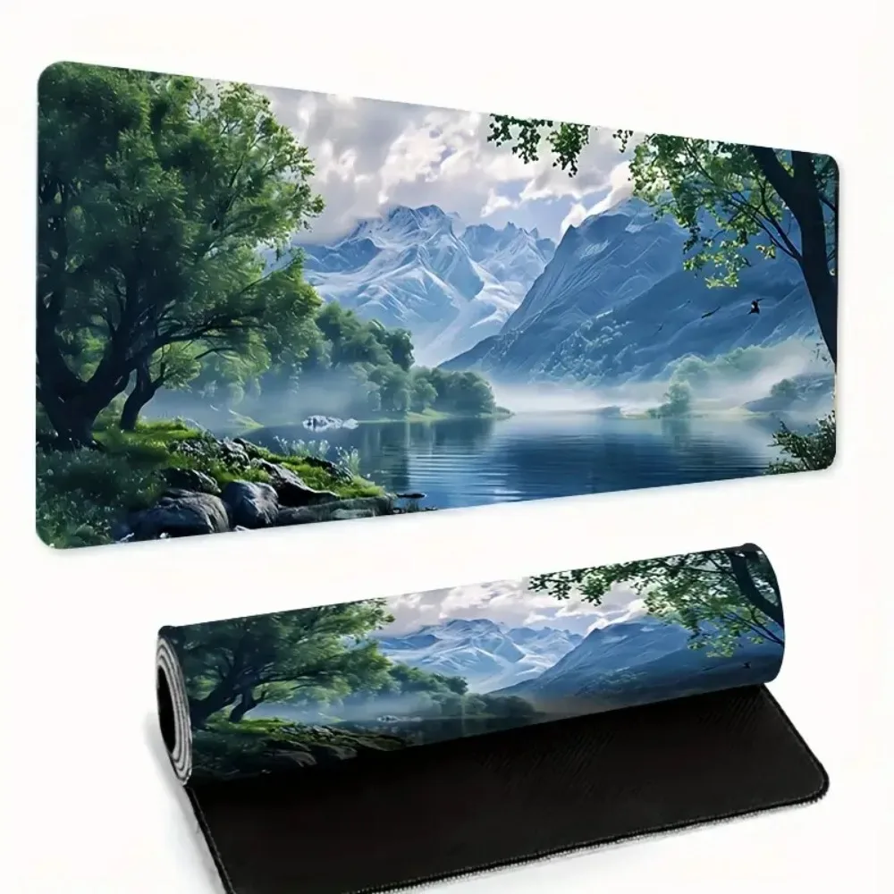 Tapis de clavier et de souris antidérapant avec motif forêt et lac, organiseurs de bureau et plateaux, tapis de jeu, tapis de souris XXL