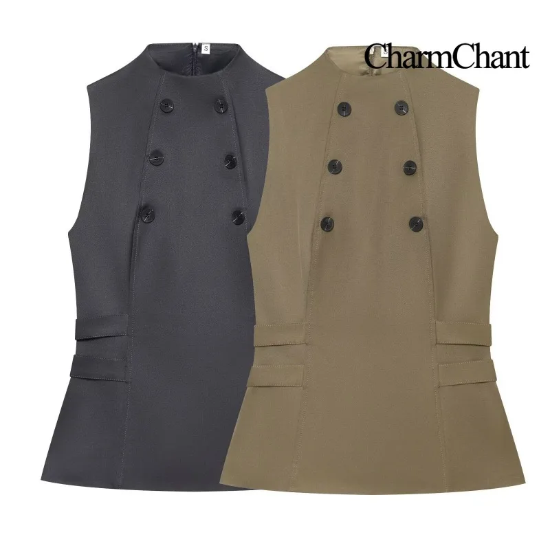 CHARMCHANT Women's Stand Collar Double Breasted Sleeveless Waist Belt Slim Fit Vest Office Waistcoat Multi Color Summer 2026