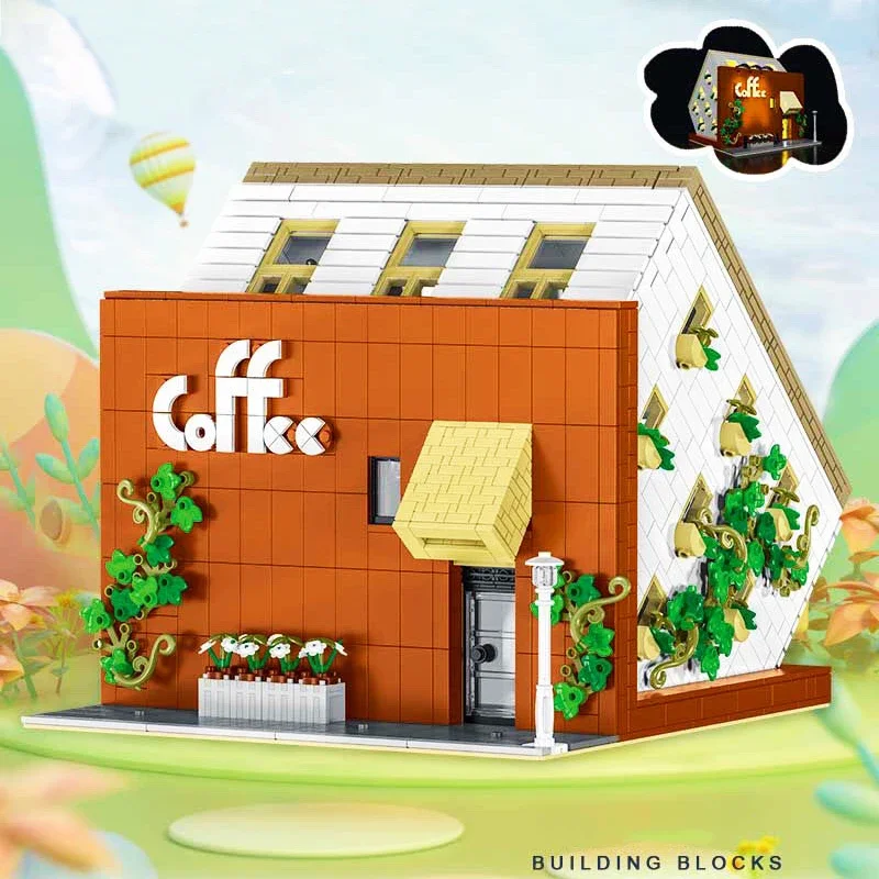 Street View Upside Down Cafe Building Block City Coffee House Bricks Model With LED Creative Expert Toys For Boy Birthday Gift