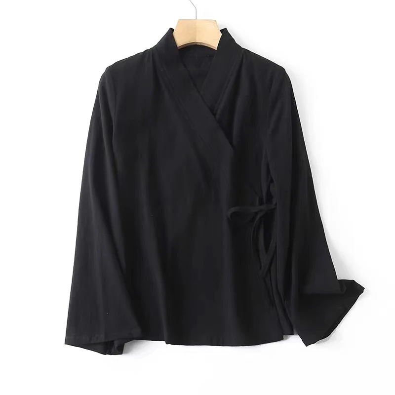 Csa de Manga Longa Estilo Chinês Fena Casual com Gola Cruzada e Laço em Aodão Tamanho ande Moda de Início de Outono