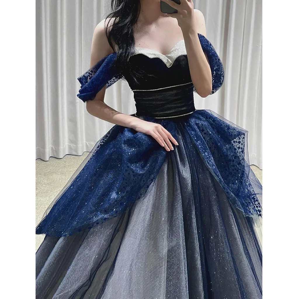 Vestido de noche azul marino con lentejuelas Empire Off Shoulder para mujer, moda ostentosa para mujer, vestido de princesa Sexy de tul de lujo para