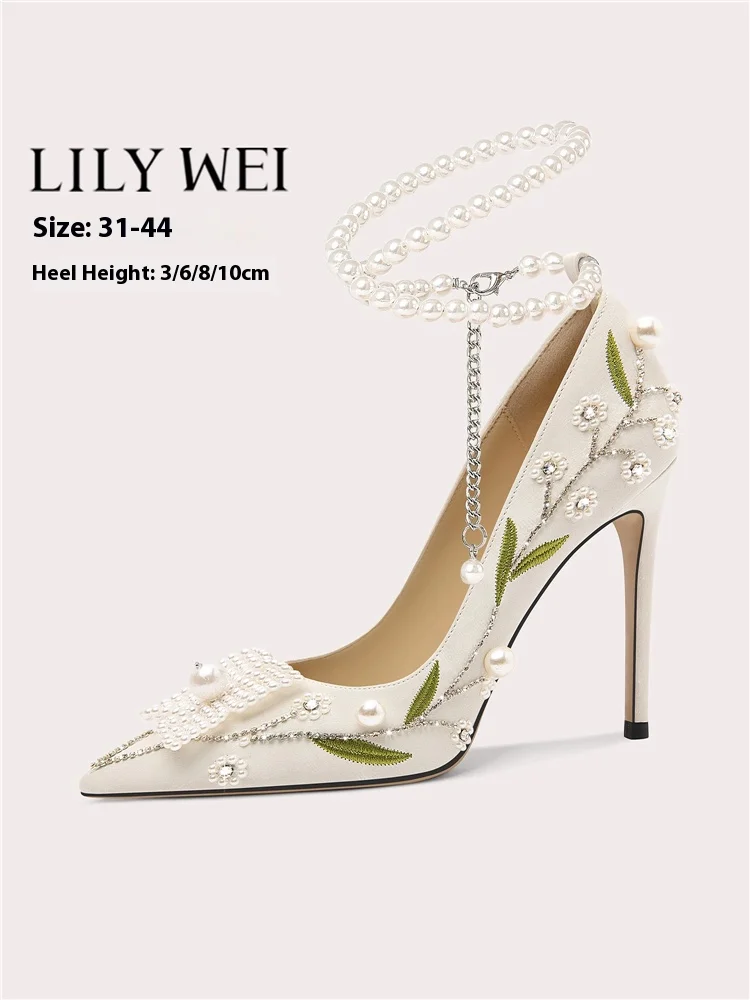 

Новые весенние туфли на высоком каблуке с острым носком и мелким жемчугом, стразами, вышивкой и цветами, свадебные туфли для банкетов, женские туфли большого размера маленького размера
