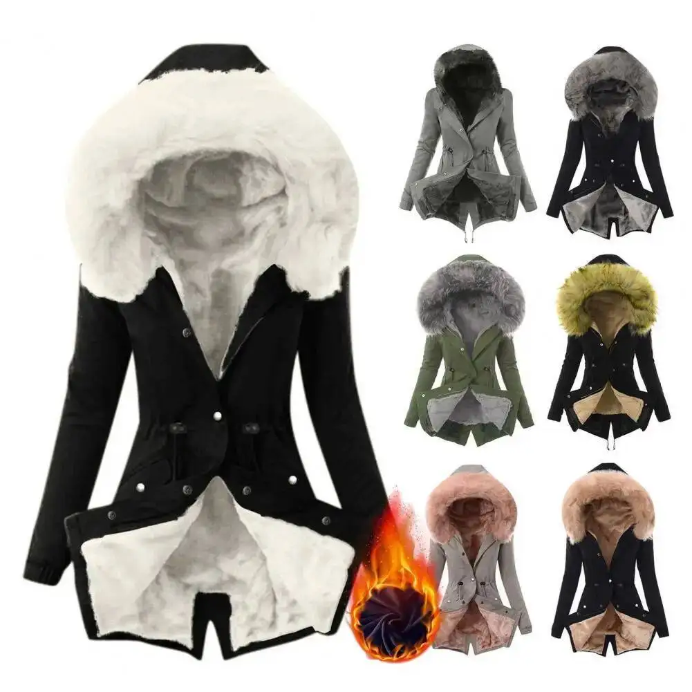 سترة نسائية من مزيج القطن مقاومة للرياح معطف شتوي مع جيوب بغطاء للرأس فروي وسحاب للإغلاق للطقس