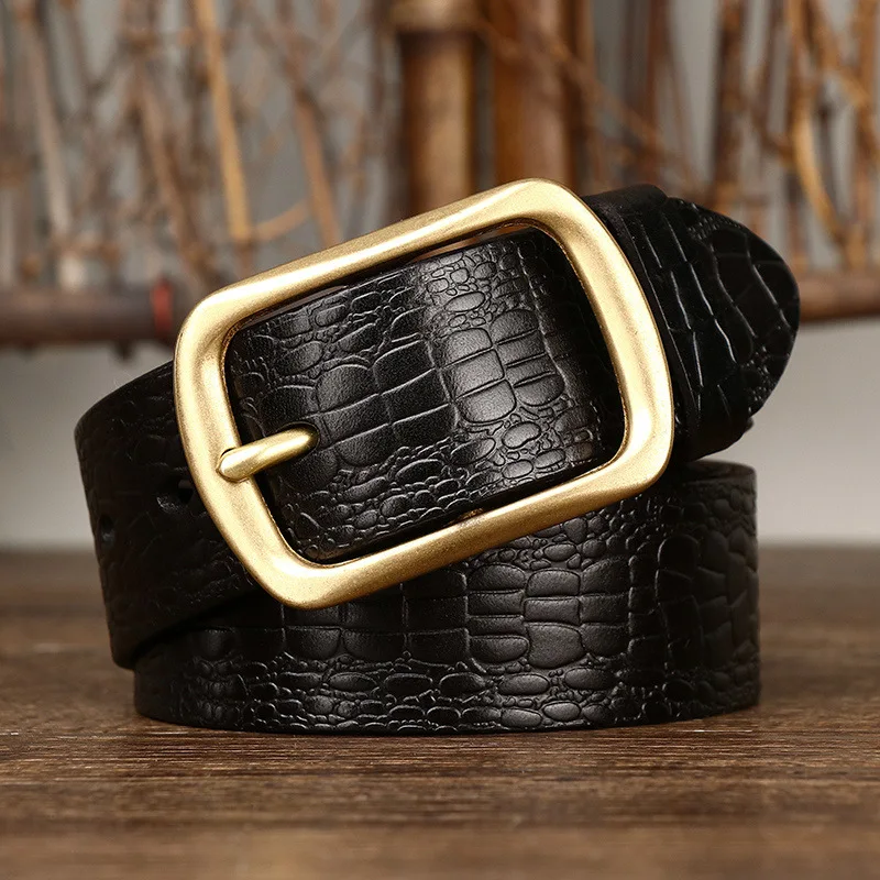 Men's High-End Retro Trendy Crocodile Pattern Embossed First Layer Cowhide Leather Belt with Pin Buckle Versatile Casual Denim A