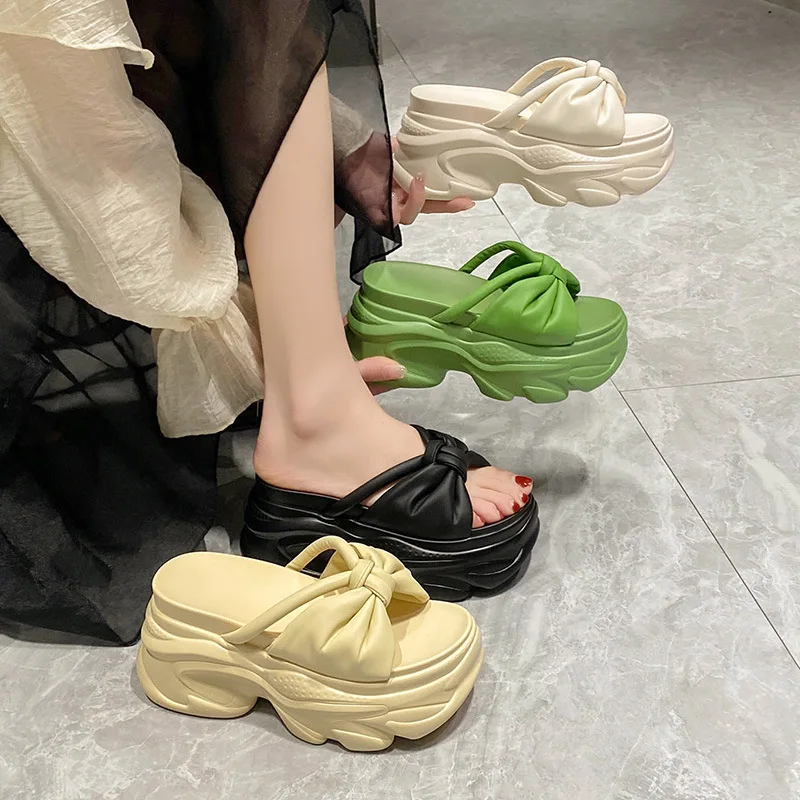 Slippers Casual Women\'s Shoes With Platform Pantofle Heeled Mules Increased Internal Slides Luxury Flat 2023 Summer Heels High