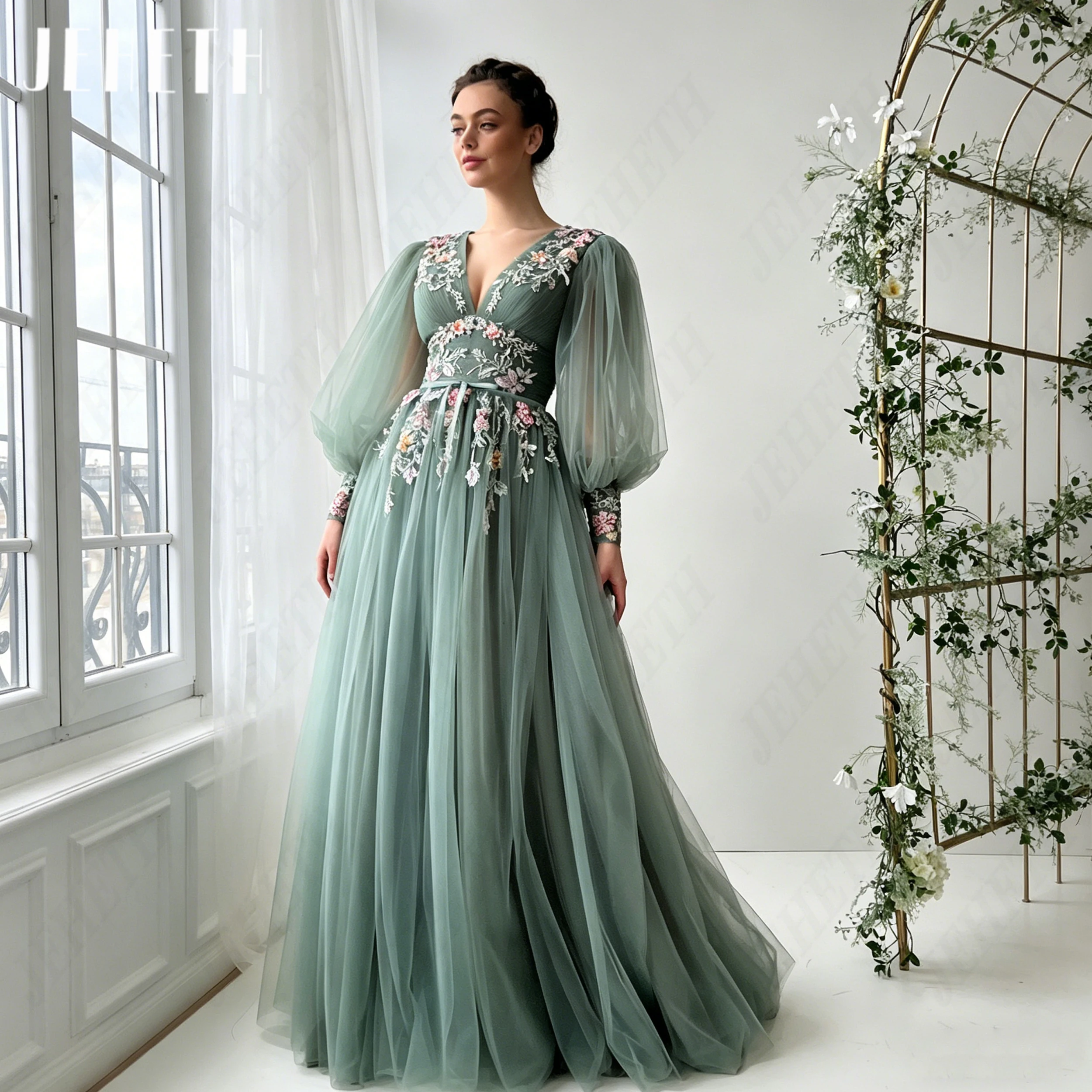 JEHETH Puff Sleeve Applique Evening Dress For Women Elegant V Neck Gala Gowns A Line Tulle Bodice Formal Party Gown Custom Made
