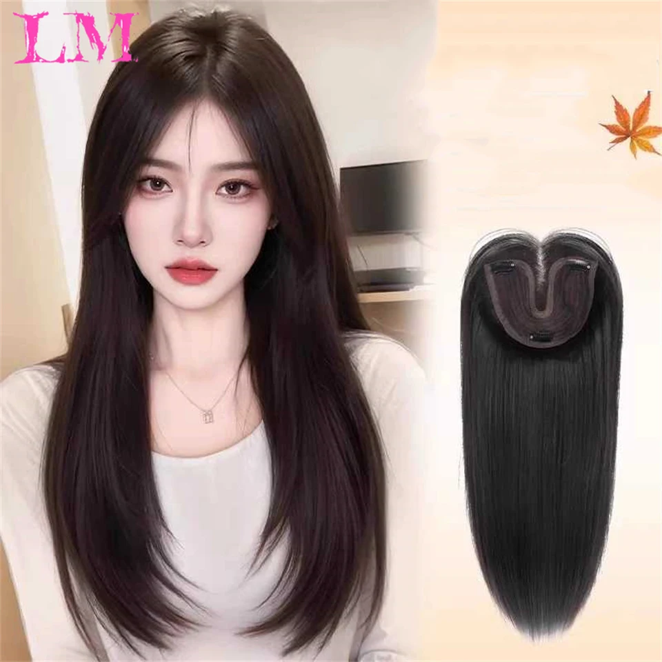 LM Long Straight Hair with Black Brown Hairpin Bangs High Temperature Fiber Hair Topper Clip In Hair Extensions