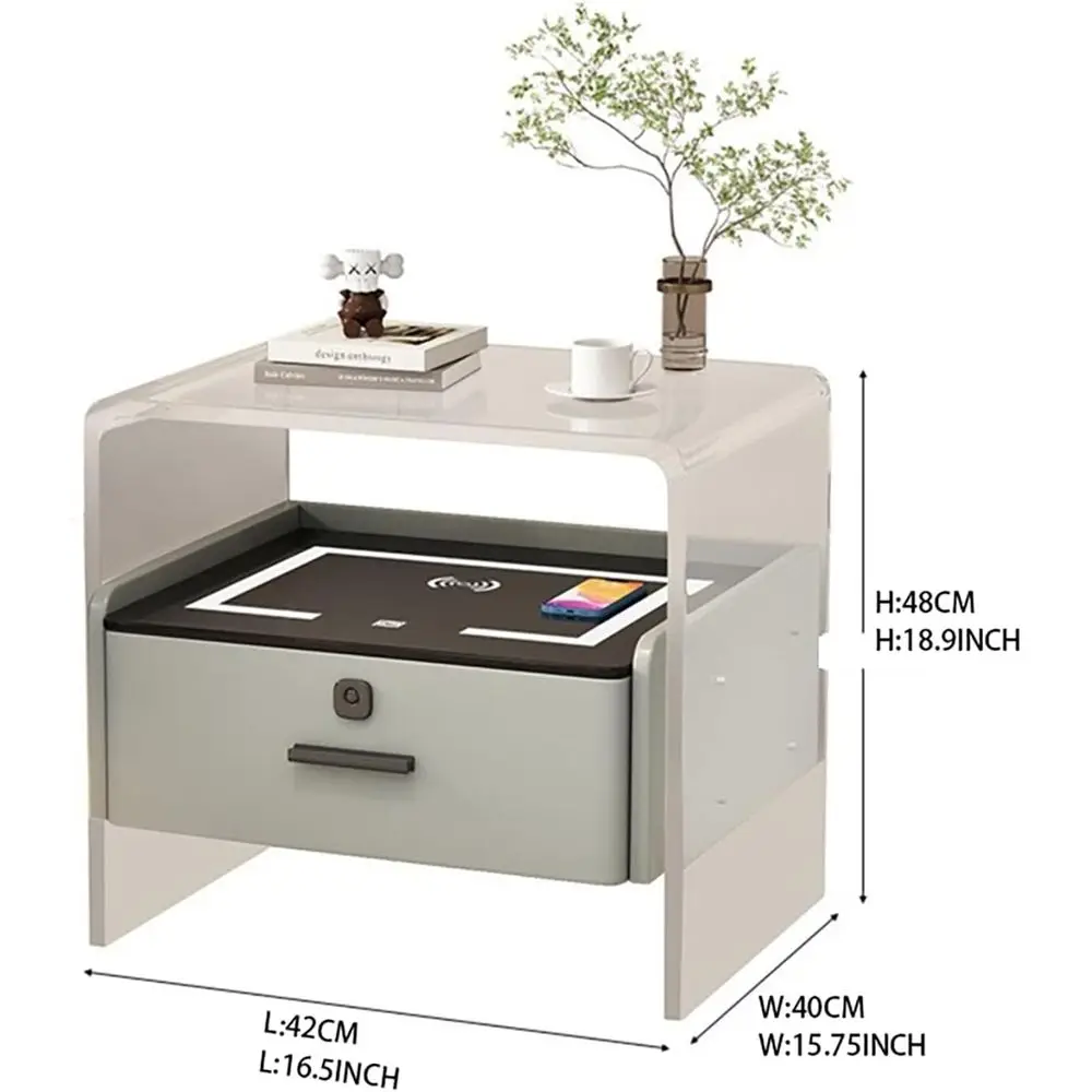 Compact LED Nightstand with Charging, Drawers & Open Shelf, Blue, 42x40x48cm